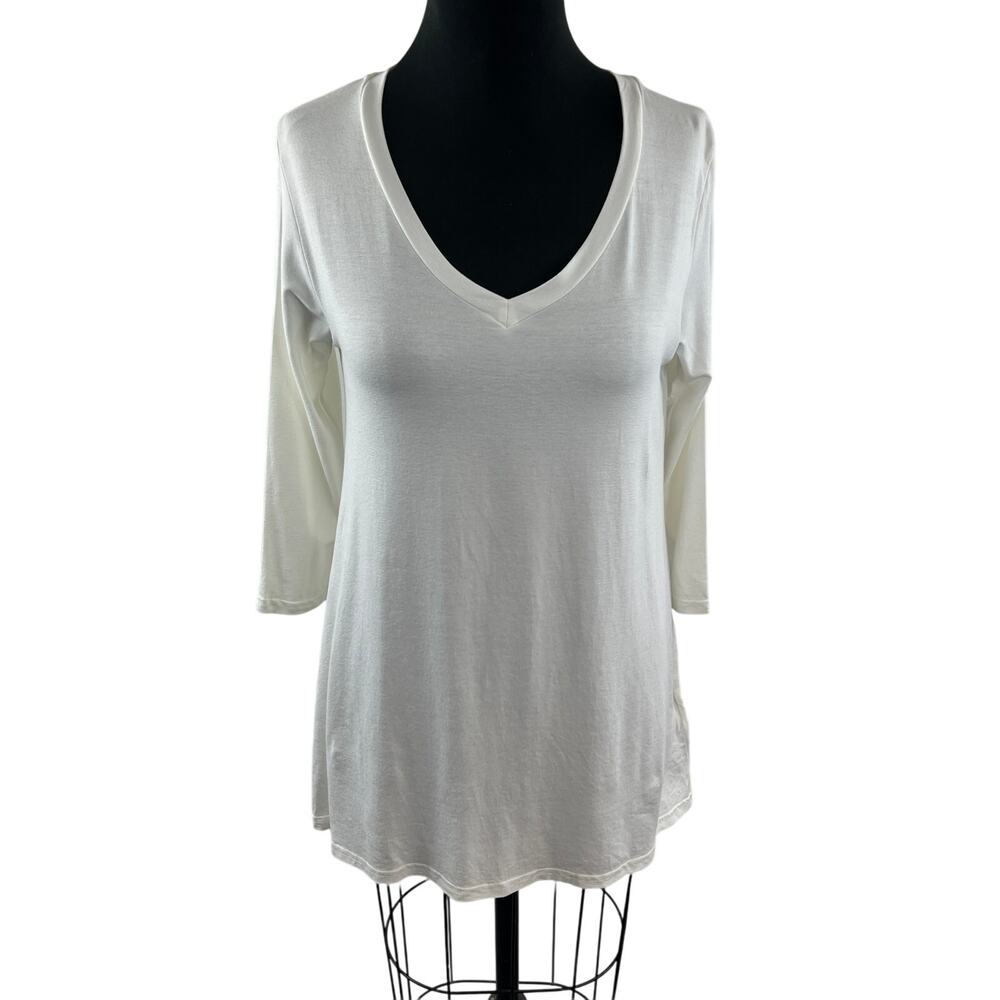Integrity White Tunic Top Stretch Ribbed Deep V-Neck 3/4 Sleeve Size 2 USA